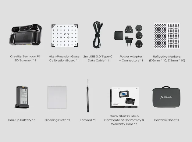 Itens que acompanham o Sermoon P1: scanner, placa de calibração, cabo, adaptador, marcadores, bateria, pano, alça, documentos e estojo