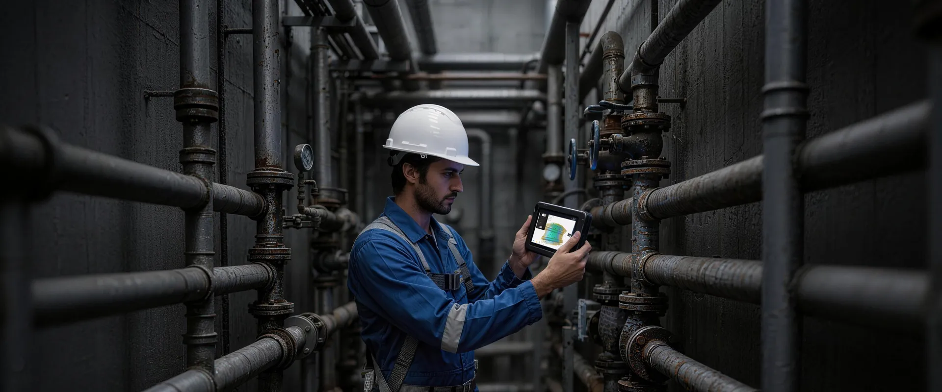 Técnico escaneando tubulação industrial com o Sermoon P1